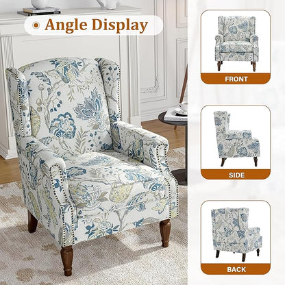 Floral Wingback Accent Chair Set of 2, High Back Upholstered Armchair, Comfy Fabric Wingback Arms Chairs with Retro Solid Wood Legs, Single Sofa Reading Chair for Bedroom Living Room, Plants Blue