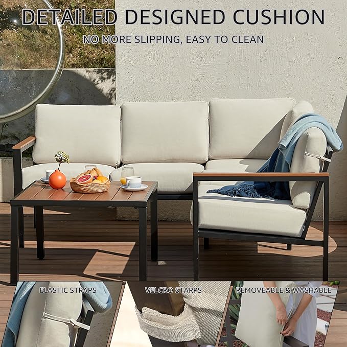 NATURAL EXPRESSIONS 6 Pieces Patio Furniture Set,Outdoor Couch Sofa with Thick Olefin Cushions,Fauxwood Armrest and Tabletop,Ergonomic Highback Frame,Outdoor Sectional Furniture for Backyard,Deck