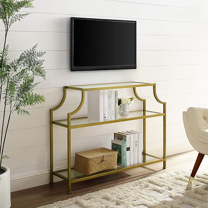Crosley Furniture Aimee Sofa Console Table with Storage Shelves for Hall, Entryway, or Living Room, Gold and Glass