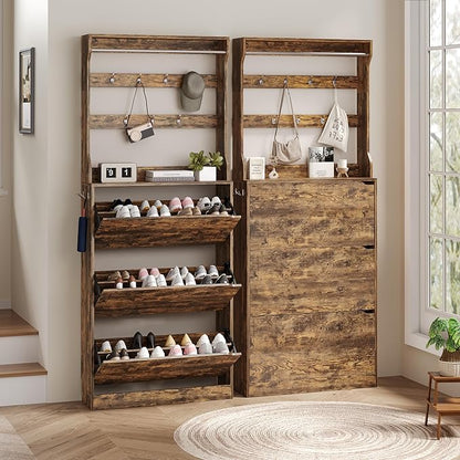 Tall Shoe Cabinet with Coat Rack, Hidden Shoe Storage Cabinet with Doors & Drawer, Hanging Bar & Hooks, Slim Narrow Freestanding Shoe Rack Organizer for Entryway, Hallway & Living Room, Brown