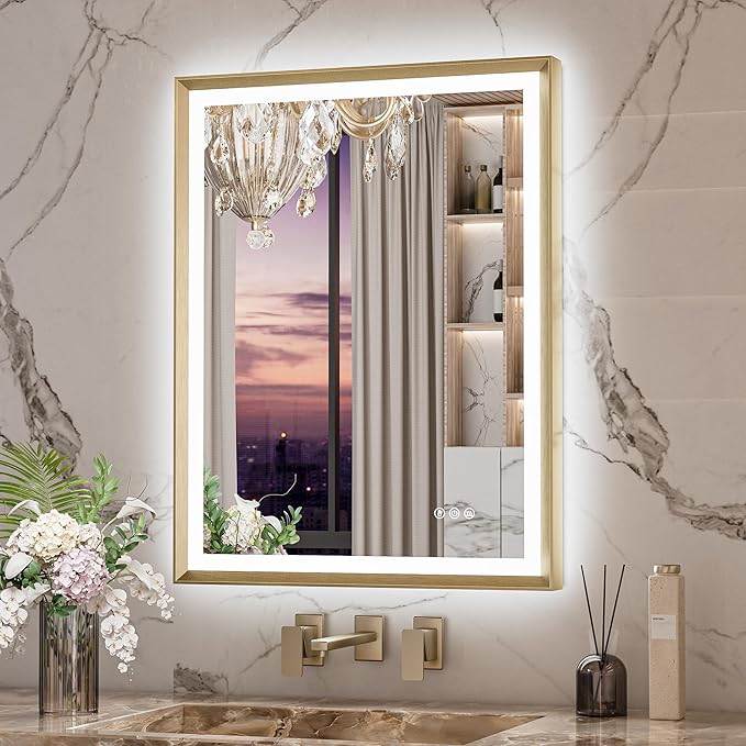 Keonjinn 24” x 32” LED Bathroom Mirror with Frontlit & Backlit, Gold Metal Framed Beveled Edge Mirror for Wall, LED Mirror with Anti Fog, Stepless 3-Color Temperatures, UL-Listed LED Driver