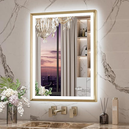 Keonjinn 24” x 32” LED Bathroom Mirror with Frontlit & Backlit, Gold Metal Framed Beveled Edge Mirror for Wall, LED Mirror with Anti Fog, Stepless 3-Color Temperatures, UL-Listed LED Driver