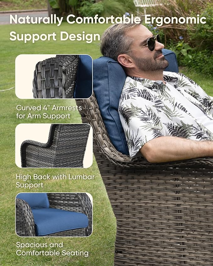 HUMMUH 6-Piece Outdoor Wicker Patio Furniture Set with Swivel Glider Chairs, 3-Seat Sofa & Ottomans 5” Olefin Cushions Ergonomic Neck-Lumbar Backrest All-Weather Rattan for Garden, Deck, Porch