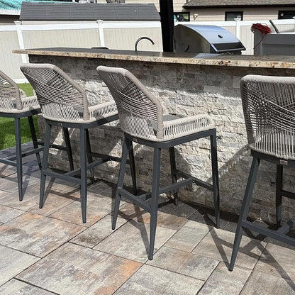 PURPLE LEAF 2 Pieces Counter Height Bar Stools Patio Boho Rattan Barstools Aluminum Woven Bar Chairs with Cushions for Outdoor Kitchen Island Garden
