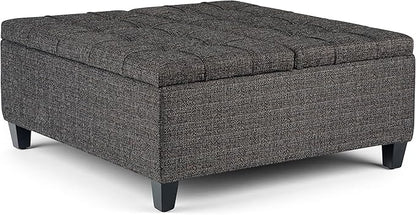 SIMPLIHOME Harrison 36 inch Wide Transitional Square Coffee Table Storage Ottoman in Ebony Tweed Look Fabric, Assembled, For the Living Room and Bedroom