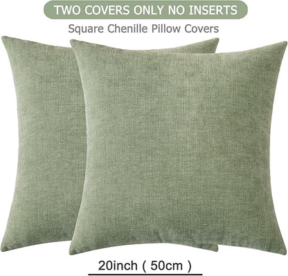 GAWAMAY Decorative Square Sage Green Throw Pillow Covers 20"x20" Inch Set of 2, Super Soft Chenille Pillows Cover, Farmhouse Fall Pillowcase for Living Room Bedroom Sofa Couch Cushion Cover 50x50cm