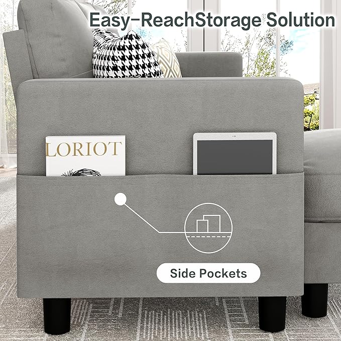 JY QAQA Convertible Sectional Sofa with 3-Seater Sofa, L-Shaped Ottoman Couch with Modern Linen for Apartment, Small Living Room and Small Space (Light Grey)