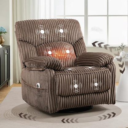 Power Swivel Rocker Recliner Chair with Massage and Heat for Adults, Electric Infinite Position Recliner with USB Charging Port, Corduroy and PU Leather Mixed Fabric, Easy Assembly (Brown)