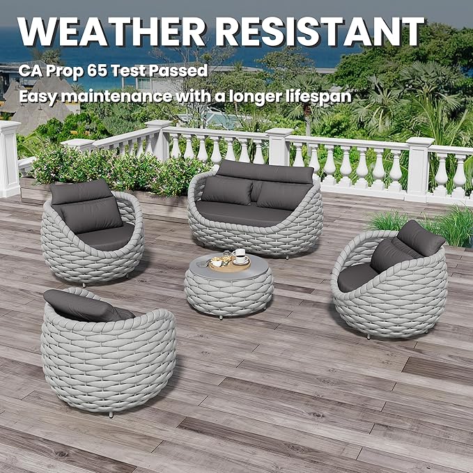 Fully Assembled Patio Furniture Set: 5-Piece Woven Rope Outdoor Conversation Set Cushioned - Modern Metal Deck Loveseat Chair Table Set - Porch Seating for Courtyard Garden Poolside Hotel Resort