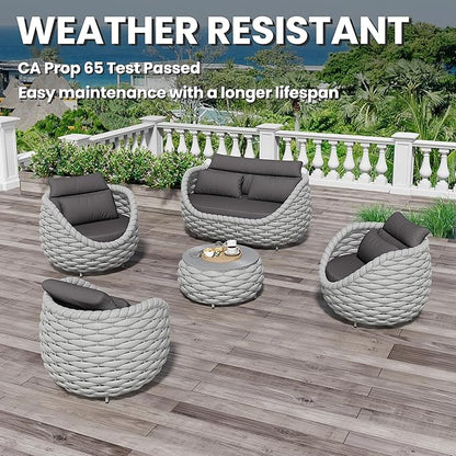 Fully Assembled Patio Furniture Set: 5-Piece Woven Rope Outdoor Conversation Set Cushioned - Modern Metal Deck Loveseat Chair Table Set - Porch Seating for Courtyard Garden Poolside Hotel Resort
