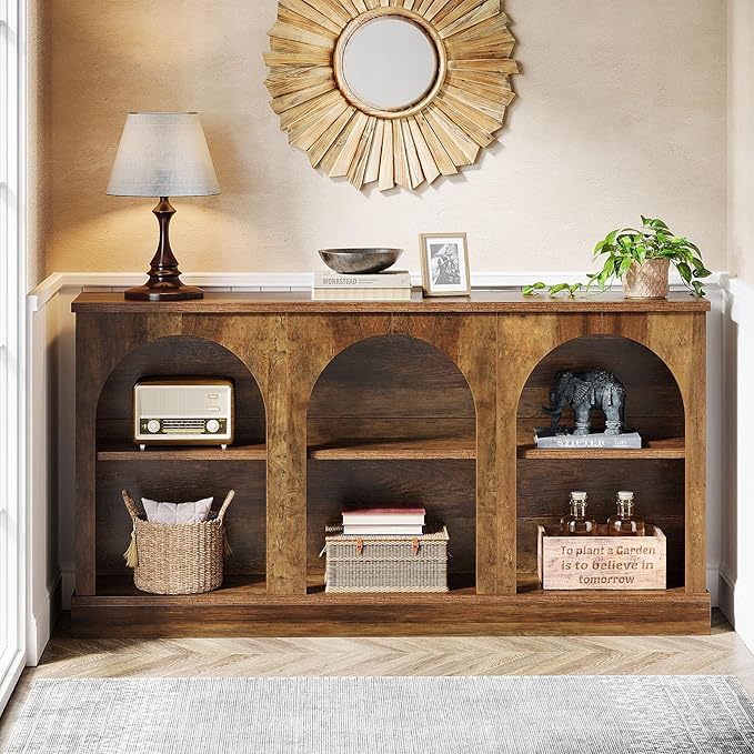 Tribesigns Farmhouse Console Table, 63-Inch Long Entryway Table with 3 Tier Storage, Wooden Rectangular Sofa Table Behind The Couch for Entrance, Hallway, Living Room, Brown