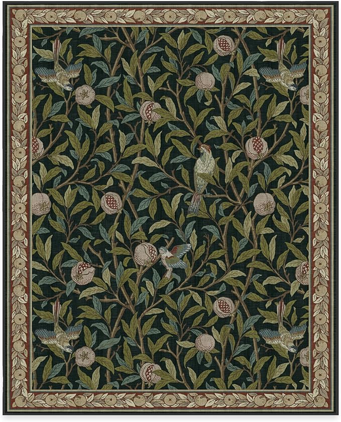 RUGGABLE x Morris & Co Washable Area Rug – Pomegranate Blue Green 8x10, Stain-Resistant, Non-Slip – Large Machine Washable Rugs for Living Room, Bedroom, Hallway, Entryway & Office–with Cushioned Pad