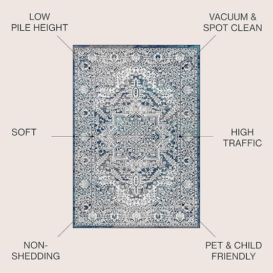 JONATHAN Y Modern Vintage Medallion Navy/Light Gray 6x6 Square Indoor Area Rug, Country, Floral, Easy-Cleaning for Living Room, Bedroom, Kitchen, Pet Friendly, Non-Shedding (MDP100B-6SQ)