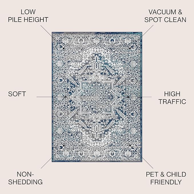JONATHAN Y Modern Vintage Medallion Navy/Light Gray Indoor Area Rug, 10x14, Country, Floral, Easy-Cleaning for Living Room, Bedroom, Kitchen, Pet Friendly, Non-Shedding (MDP100B-14)