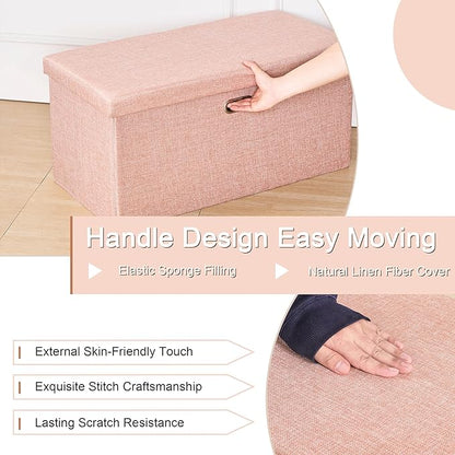 VECELO 30'' Folding Storage Ottoman Bench, End of Bed Linen Fabric Foot Rest Stool with Padded Seat, Large Footstools for Bedroom, Living Room, Load 550 lb, Pink