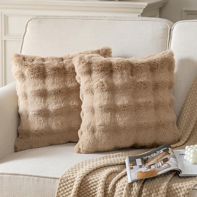 Pack of 2 Thick Plush Throw Pillow Covers Fluffy Wave Faux Fur Decorative Cushion Covers Soft Wool Pillowcase for Sofa Couch Livingroom 24x24 Inch Camel