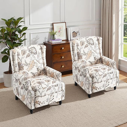 Pushback Recliner Chair Set of 2, Floral Fabric Wingback Recliner Chair, Upholstered Armchair Push Back Recliner, Rivet Trim Single Sofa Accent Chair with Wood Legs for Living Room, Plants Beige