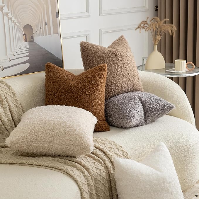 Pack of 2 Curly Teddy Wool Faux Fur Throw Pillow Covers Fuzzy Accent Soft Sherpa Pillowcases Sheepskin Fleece Decorative Cushion Case for Sofa Couch Living Room 24x24 Inch Khaki