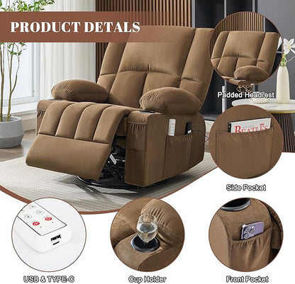 Swivel Rocker Chair with Heat and Massage, 270° Power Recliner Chairs for Adults, USB and Type-C Ports, Oversized Recliner Single Sofa, Electric Glider Chair(Brown)