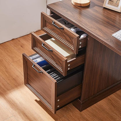 60" Farmhouse Executive Desk with Charging Station,Home Office Desk with 2 Drawers &1 File Cabinet,Fluted Computer Desk for Office and Home (Walnut)