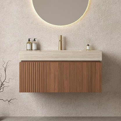 Bathroom Vanity with Sink 36 Inch, Floating Bathroom Vanity Sink Cabinet with Drawer and Door, Undermount Sink & Travertine-Pattern Sintered Stone Top, Pre-Assembled, Espresso