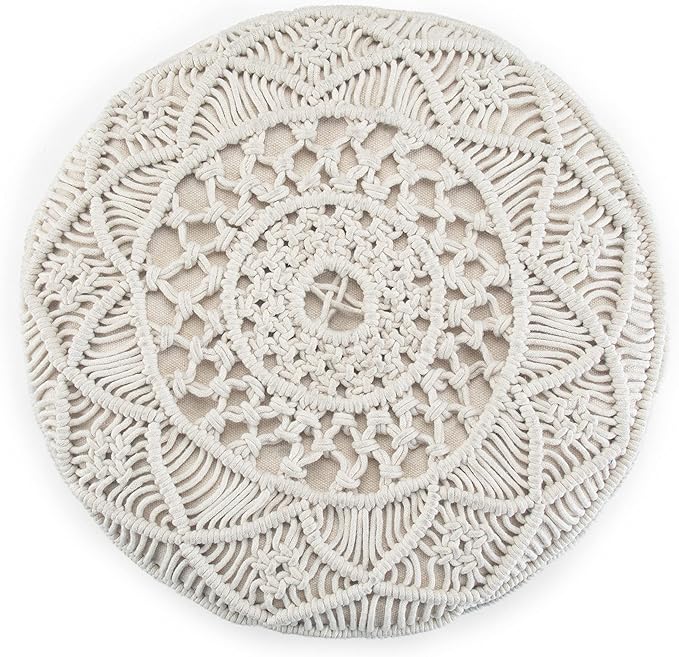 SIMPLIHOME Coates Boho Round Macrame Pouf in Natural Cotton for the Living Room, Bedroom and Kids Room