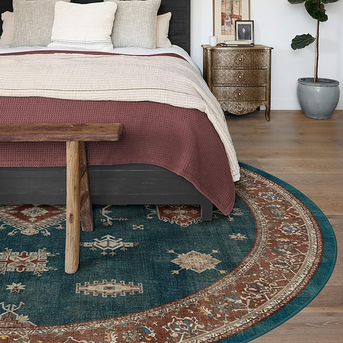 RUGGABLE Washable Vintage Area Rug – Verena Teal Blue 8 ft Round, Stain-Resistant, Non-Slip – Large Machine Washable Rugs for Living Room, Bedroom, Hallway, Entryway & Office–with Standard Pad