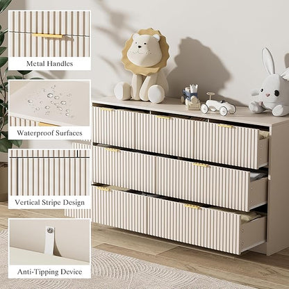 Beige Dresser for Bedroom, Modern Dresser with 7 Drawers and Smooth Slides, Wide Chest of Drawers with Golden Handles for Bedroom, Living Room, Closet, 15.7" D x 55.1" W x 31.4" H