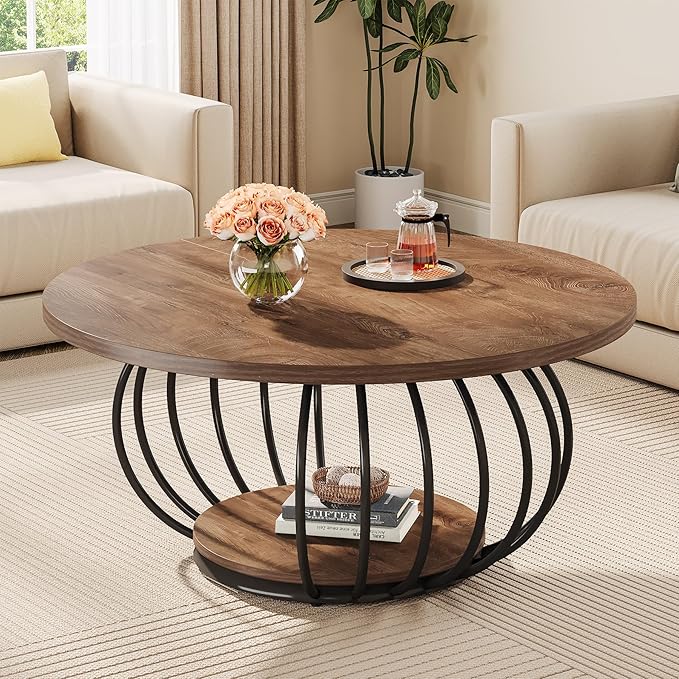 Tribesigns Round Coffee Table for Living Room, 39.4" Industrial Wooden 2-Tier Circle Accent Center Cocktail Table with Storage Shelf and Metal Frame, Rustic Brown & Black