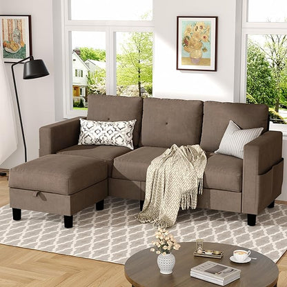 JY QAQA Convertible Sectional Sofa Couch with 3-Seat Sofa, L-Shaped Ottoman Couch with Modern Linen Fabric for Small Living Room, Apartment and Small Space(Brown)