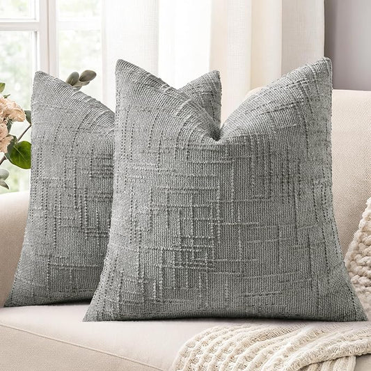 decorUhome Neutral Grey Chenille Throw Pillow Covers 24x24 Set of 2 Thick Textured Slubby Couch Pillow Covers Farmhouse Accent Modern Neutral Decorative Pillow Cases for Bed Sofa Living Room
