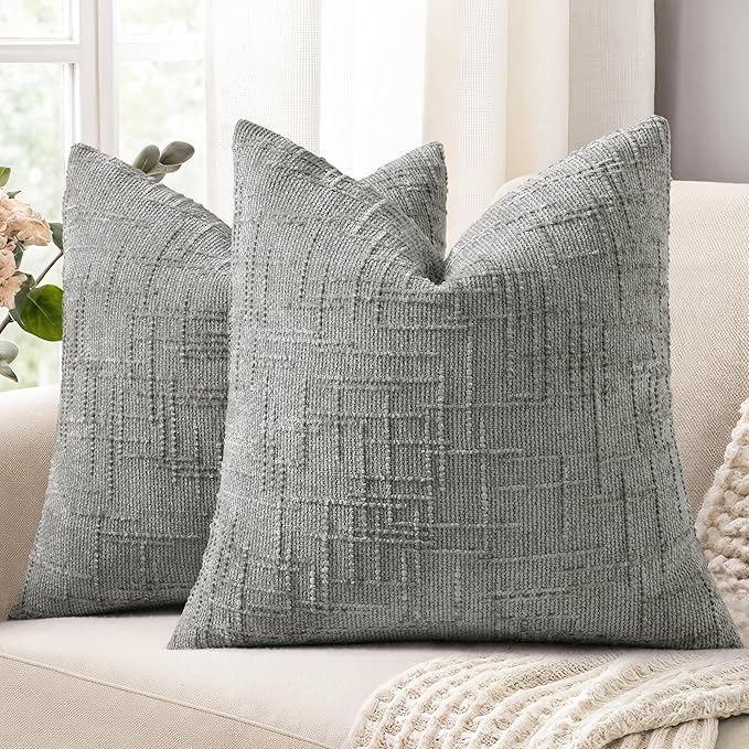 decorUhome Neutral Grey Chenille Throw Pillow Covers 26x26 Set of 2 Thick Textured Slubby Couch Pillow Covers Farmhouse Accent Modern Neutral Decorative Pillow Cases for Bed Sofa Living Room