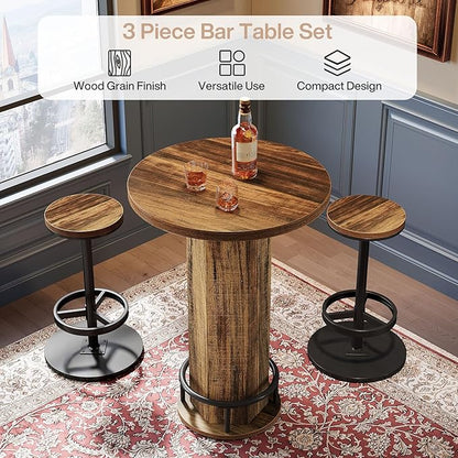 Tribesigns Round Bar Table with Chairs, Industrial Bistro Sets with 2 barstools, Pub Cocktail Table with Metal Ring Footrest for Kitchen Nook, Apartment, Small Space
