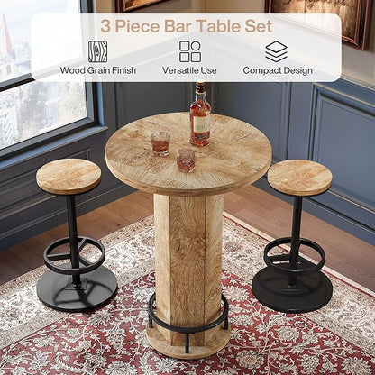 Tribesigns Round Bar Table with Chairs, Industrial Bistro Sets with 2 barstools, Pub Cocktail Table with Metal Ring Footrest for Kitchen Nook, Apartment, Small Space