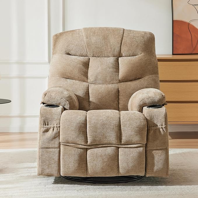 Manual 360°Swivel Rocker Recliner Chair,Single Recliner Seat with Cup Holders,Recliner Chairs for Adults, Upholstered Fabric Lazy Boy Recliner for Bedroom,Living Room,Brown