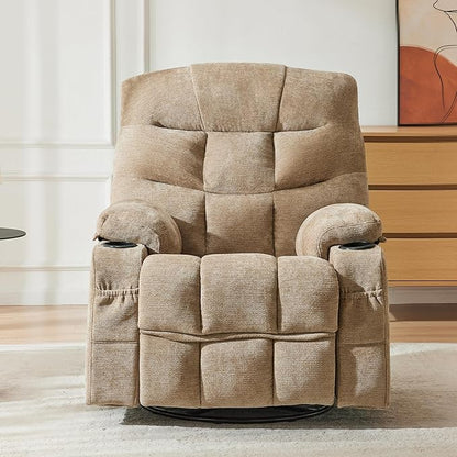 Manual 360°Swivel Rocker Recliner Chair,Single Recliner Seat with Cup Holders,Recliner Chairs for Adults, Upholstered Fabric Lazy Boy Recliner for Bedroom,Living Room,Brown