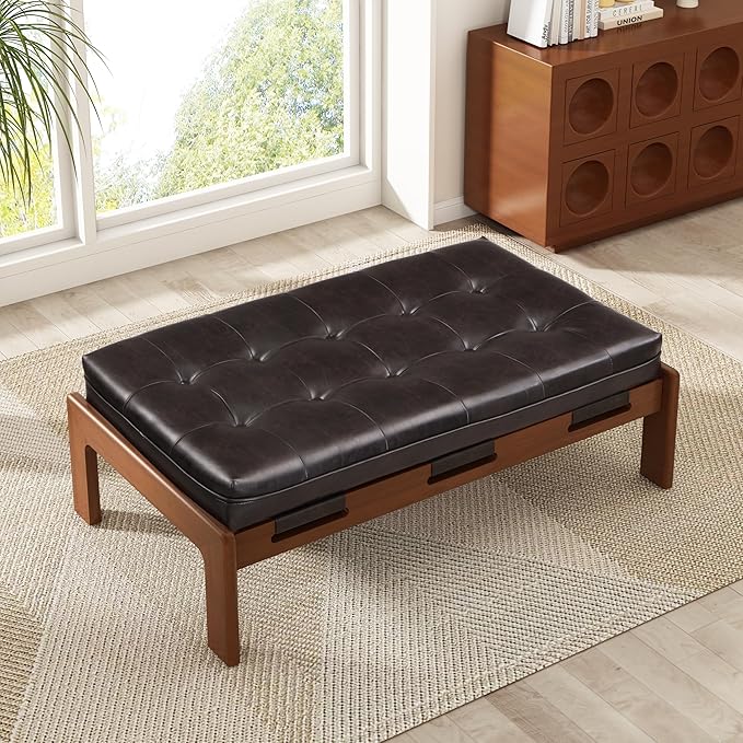 Christopher Knight Home Penley Modern Rectangular Faux Leather Upholstered Living Room Ottoman Bench/Coffee Table, Rubberwood Frame, Tufted Large Sofa Footstool, Multi-Functional, Dark Brown+Walnut
