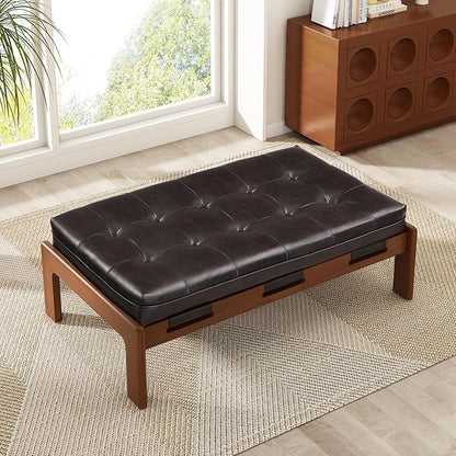 Christopher Knight Home Penley Modern Rectangular Faux Leather Upholstered Living Room Ottoman Bench/Coffee Table, Rubberwood Frame, Tufted Large Sofa Footstool, Multi-Functional, Dark Brown+Walnut