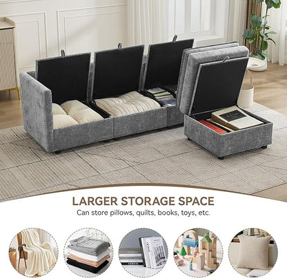 80"Cloud Modular 3 Seater Sofa with Storage Ottoman, Modern Upholstered Storage Sofa Couch Deep Seat, L Shape Sectional Sofa Chenille Comfy Couch with Armrests for Living Room, Small Space, Light Grey