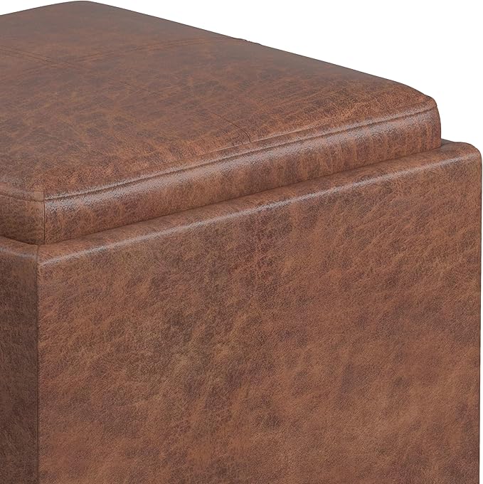 SIMPLIHOME Rockwood 18 inch Wide Contemporary Square Cube Storage Ottoman with Tray in Distressed Saddle Brown Vegan Faux Leather, Assembled, For the Living Room, Entryway and Family Room