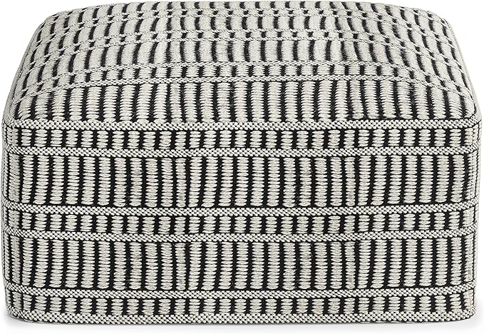 SIMPLIHOME Safford 20-inch Wide Pouf in Black and White, Handwoven Outdoor/Indoor Boho-Style Ottoman for Living Room, Bedroom, or Patio, Weather-Resistant, UV-Protected, Assembled