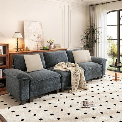 PHI VILLA Modern Modular Couches Sets, 123.6" Cloud Sectional Sofa with Upholstered Deep Seat, 3-Seater Couch for Living Room Small Spaces, Chenille Fabric, Dark Cyan