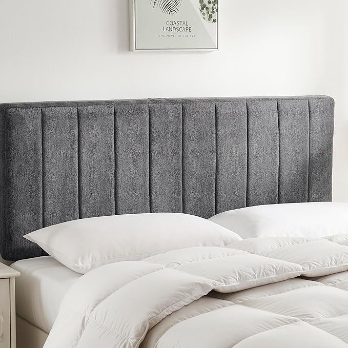 Nestl Upholstered Full Headboard - Easy Assemble Channel Stitched Headboard Full Size - Wall Mounted Headboards with 3D Soundproof Wall Panels Peel & Stick Floating Headboards, Grey