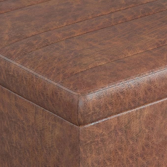 SIMPLIHOME Ellis 36 inch Wide Contemporary Square Coffee Table Storage Ottoman in Distressed Saddle Brown Vegan Faux Leather, Assembled, For the Living Room and Bedroom
