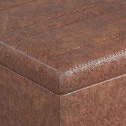 SIMPLIHOME Ellis 36 inch Wide Contemporary Square Coffee Table Storage Ottoman in Distressed Saddle Brown Vegan Faux Leather, Assembled, For the Living Room and Bedroom
