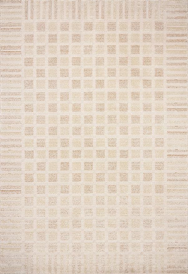 Loloi Chris Loves Julia Calvin Collection CLV-03 Bone/Natural 5'-3" x 7'-6" Area Rug Checkered Neutral Soft Living Room Bedroom Carpet