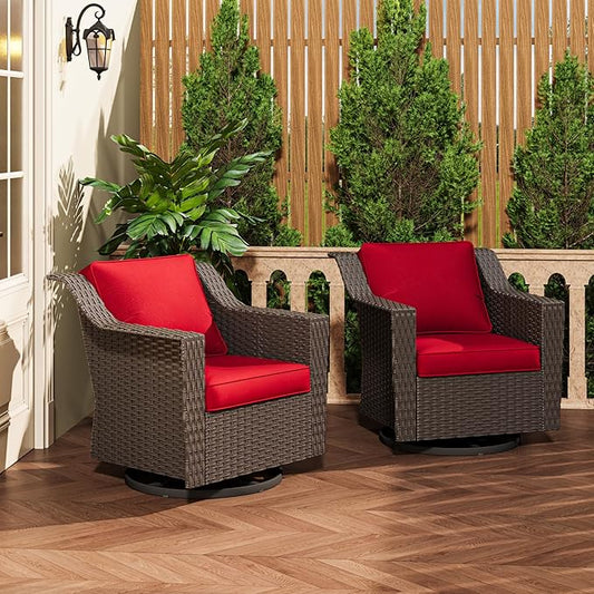 Patio 2 Pieces Wicker Swivel Chairs Set of 2，Outdoor PE Rattan Rocking Glider Armchairs, Water-Resistant Cushions with Removable and Washable Covers, Porch, Balcony, Sunroom (RED)
