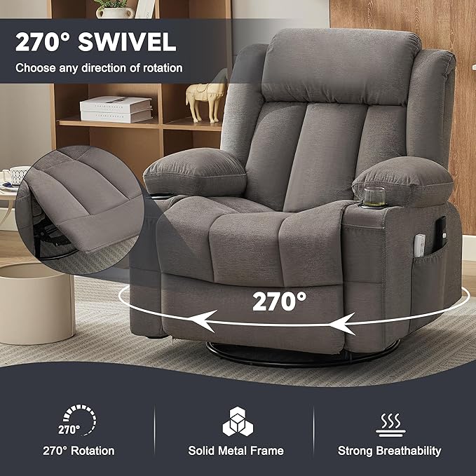 Power Swivel Rocker Recliner Chair with Heat and Massage, USB and Type-C Charging Port, Electric Glider Rocking Chairs, Oversized Recliner Chairs for Adults(Fabric, Grey)