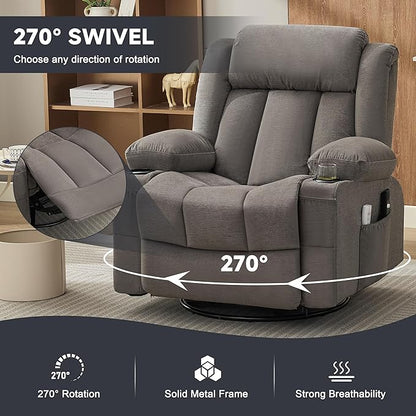 Power Swivel Rocker Recliner Chair with Heat and Massage, USB and Type-C Charging Port, Electric Glider Rocking Chairs, Oversized Recliner Chairs for Adults(Fabric, Grey)
