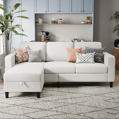 Sectional Sofa and Couches for Living Room, 78'' Beige 3 Seat L-Shaped Couch with Movable Ottoman, Comfy Linen Convertible Sectionals Sofas with Chaise for Apartment, Office, Small Space